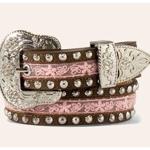 ARIAT GIRL'S LEATHER & PINK LACE SILVER STUDS WESTERN BELT Size 20 NWT